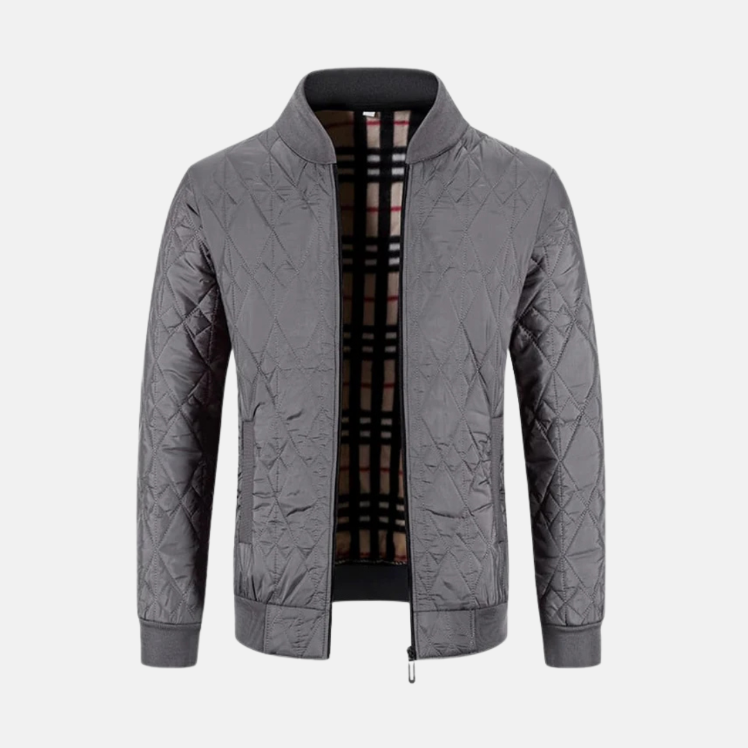 Men's Woven Jacket With Diamond Quilted Pattern Full Zip Ribbed Collar Bomber Style