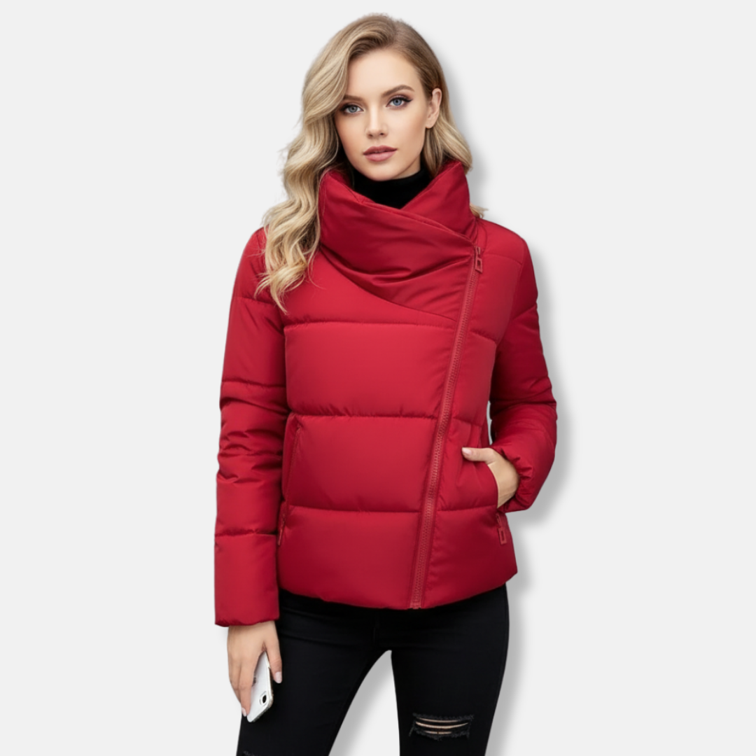 Street-Wave Women's Quilted Coat Padded Warmth Funnel Neck Asymmetric Zip
