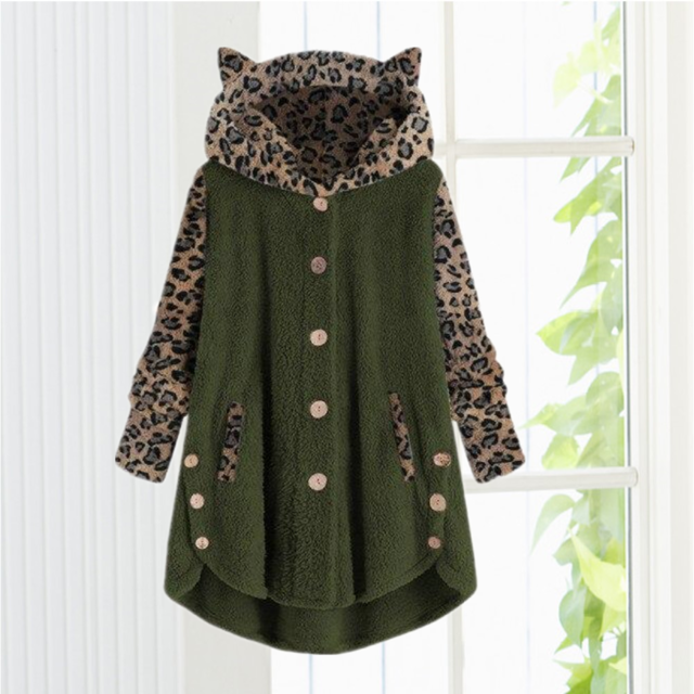 Street-wave Cozy Cat Ear Hooded Coat for Girls Leopard Print Sleeves Cotton Cashmere Blend Pockets