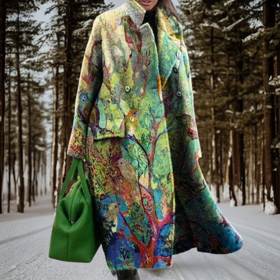 Street-wave Graphic Print Long Coat For Women Warm Autumn Winter Outerwear Everyday Chic