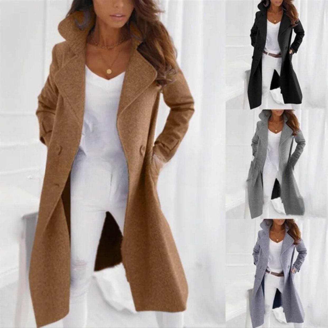 Street Wave Stylish Long Coat For Women With Turned Down Collar And Double Breasted Buttons