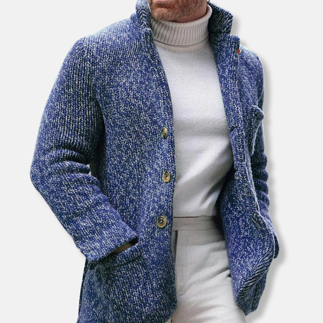 Men's Textured Knit Cardigan With Stand Collar Patch Pockets Street Wave For Men