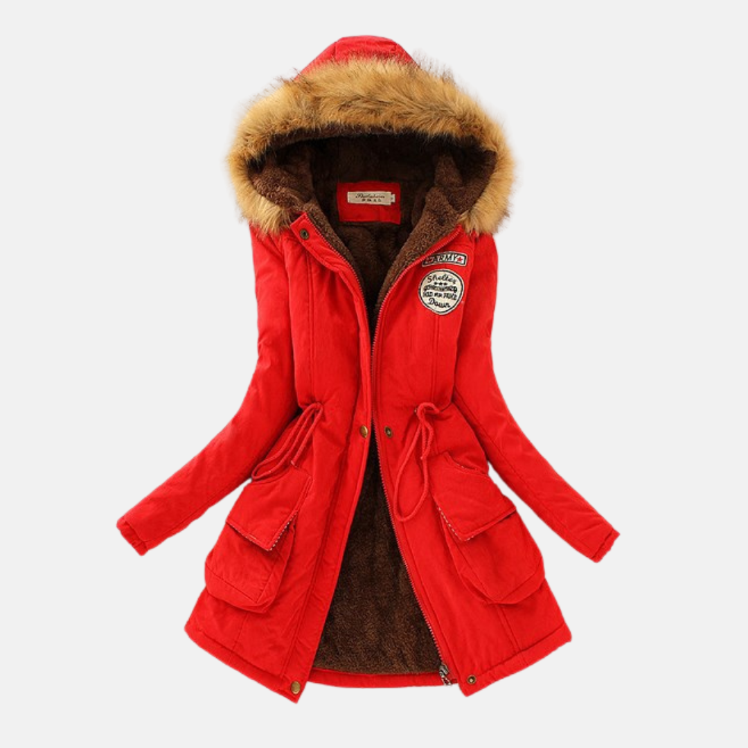 Women’s Parka Coat – Sherpa Lining – Faux Fur Hood – Drawstring Waist – Pockets