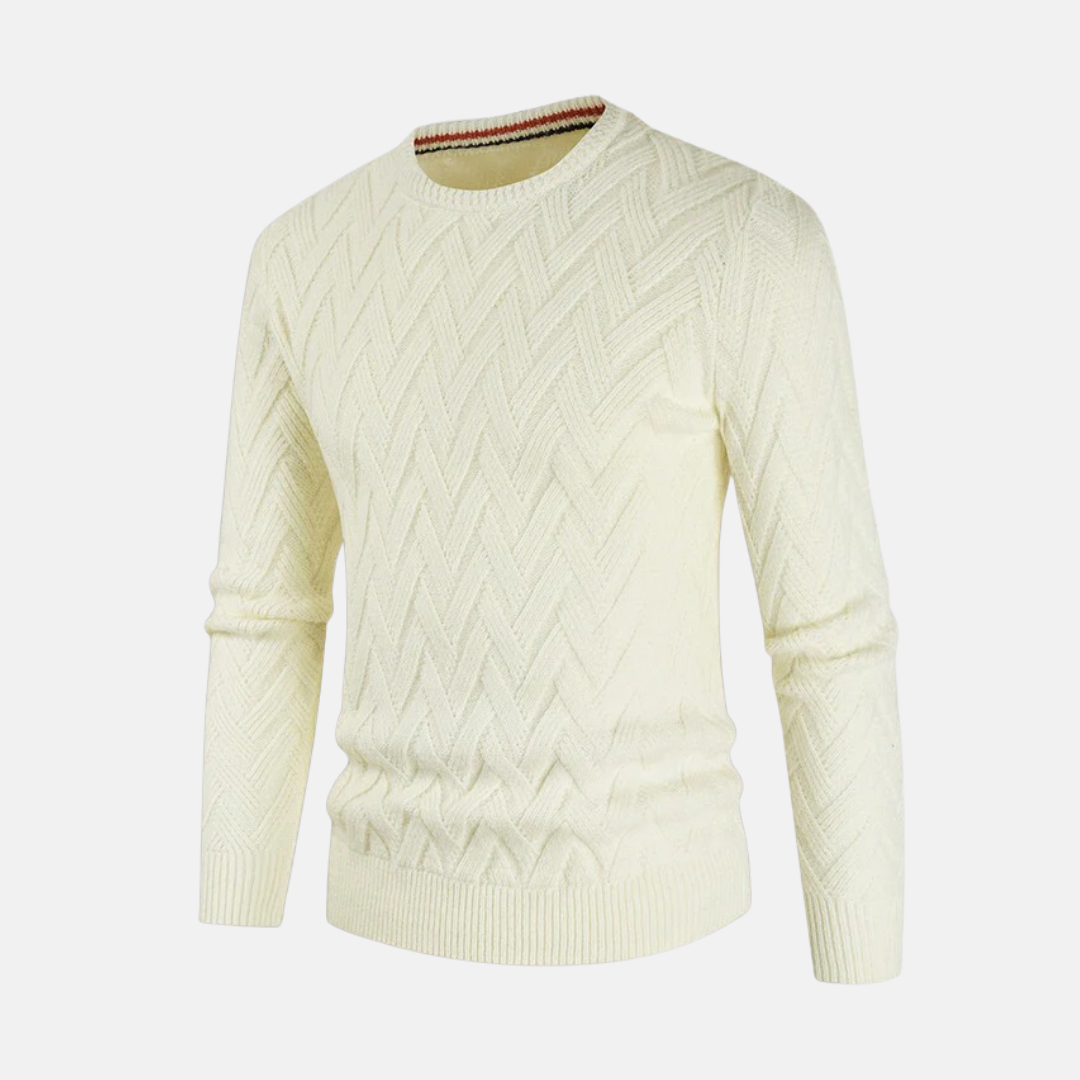 Men's Wool Crew Neck Sweater With Chevron Knit Texture And Ribbed Cuffs And Hem Classic Fit
