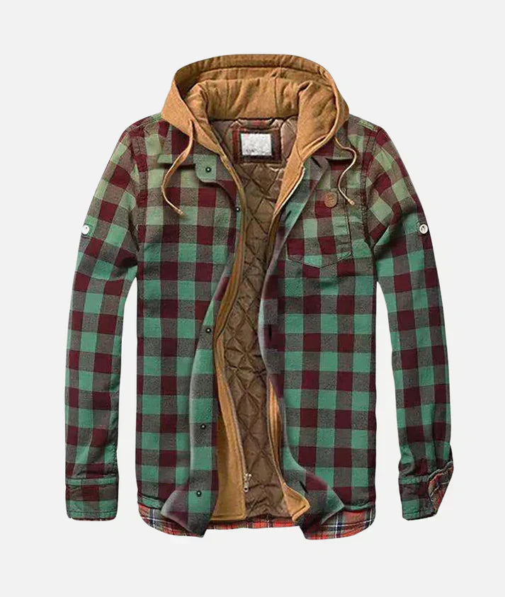 Street-wave Patchwork Plaid Hoodie Jacket For Men Urban Streetwear Cozy Quilted Lining