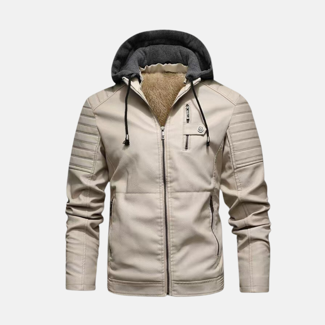 Men's Leather Jacket Slim Fit With Plush Lined Hoodie Quilted Shoulders Zipper Closure