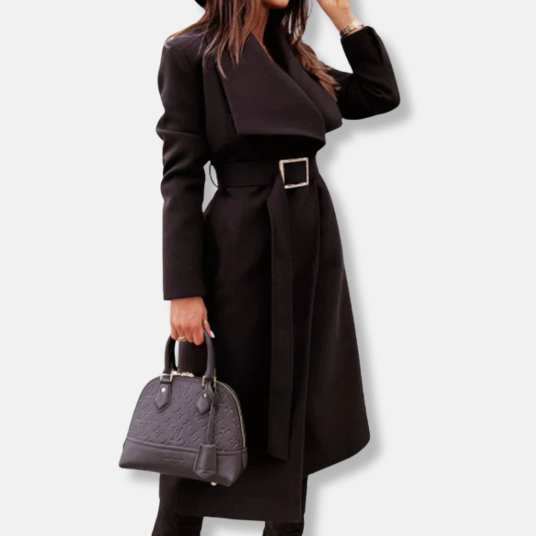 Street Wave Tailored Relaxed Fit Long Coat With Belt Draped Lapels Gold Buckle For Women