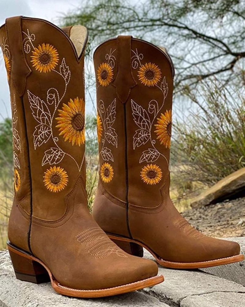 Street Wave Sunflower Embroidered Boots For Women Bold Boho Western Knee High Comfort Style