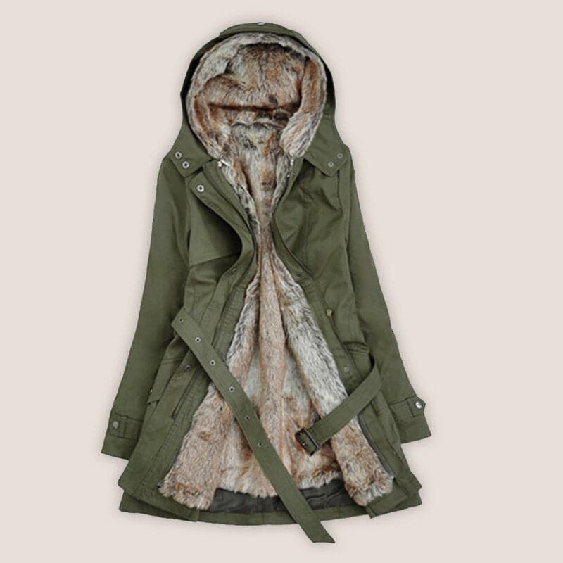 Street Wave Faux Fur Lined Parka Hooded With Belt Relaxed Fit Winter Coat For Women