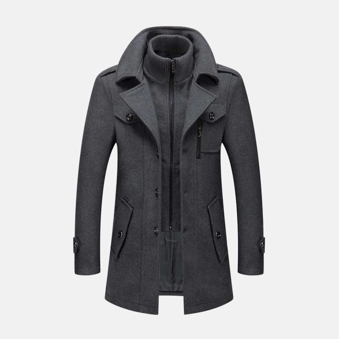 Men's Wool Blend Coat Slim Fit Mid-Thigh Length With Double Collar And Epaulet Detail