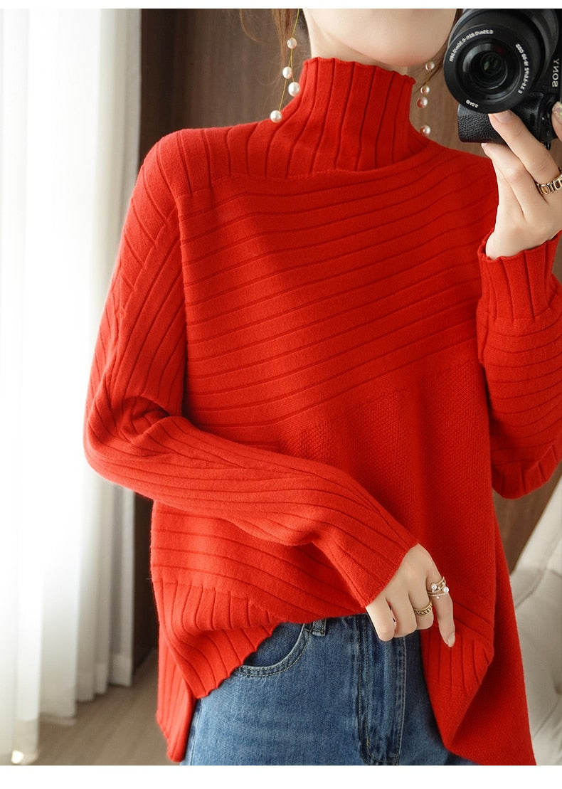 Street Wave Turtleneck Sweater For Women Warm Cozy Autumn Winter Knitwear Premium Ribbed Knit Warmth