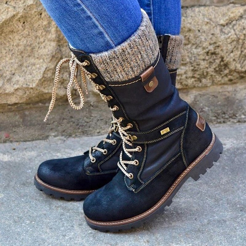 Street-Wave Knee High Combat Boots For Women Winter Ready With Rugged Sole And Cozy Knit Collar