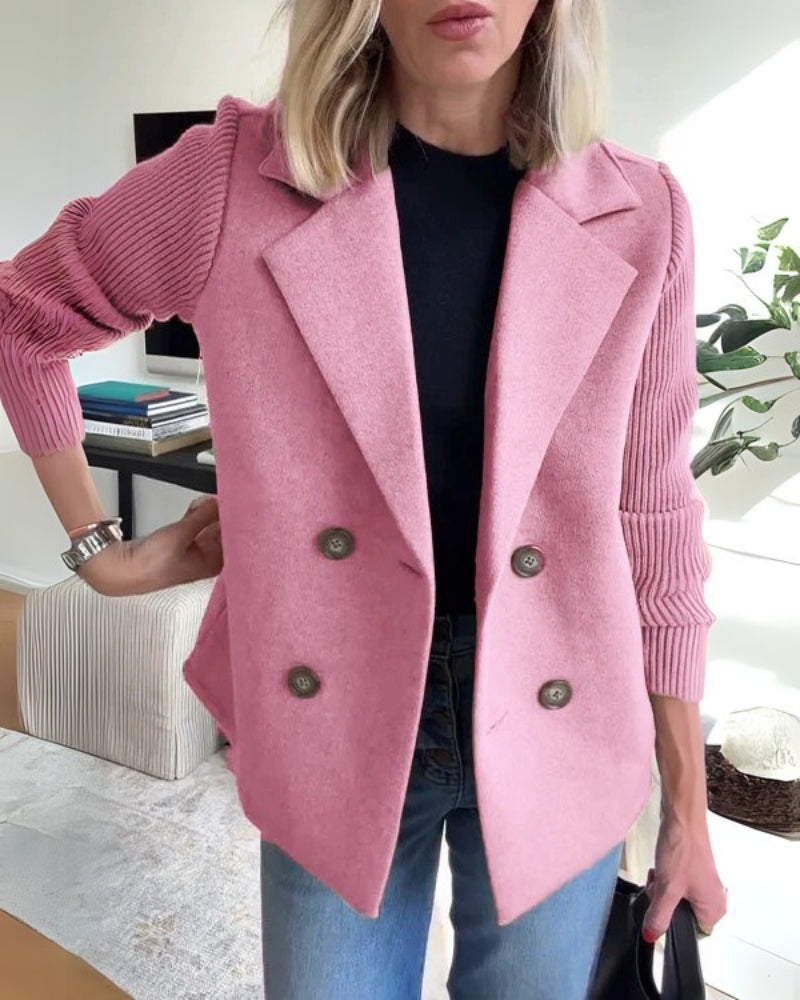 Street Wave Beige Double Breasted Blazer With Knit Sleeves For Casual Chic Women