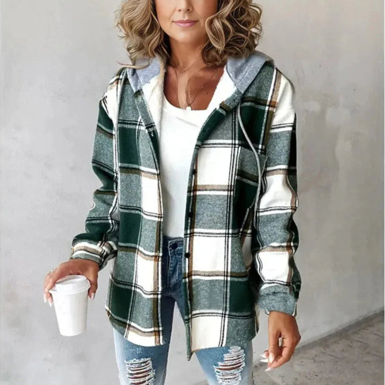 Street-wave Plaid Hooded Coat For Women Cozy Casual Comfort With Practical Hood Everyday Streetwear