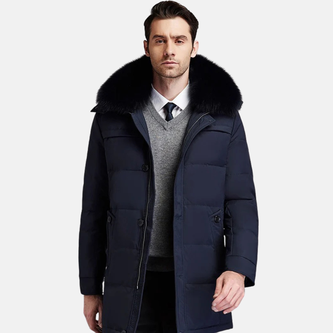 Mens Puffer Coat With Detachable Fur Trim Stand Up Collar Mid Length Woven Outerwear For Winter