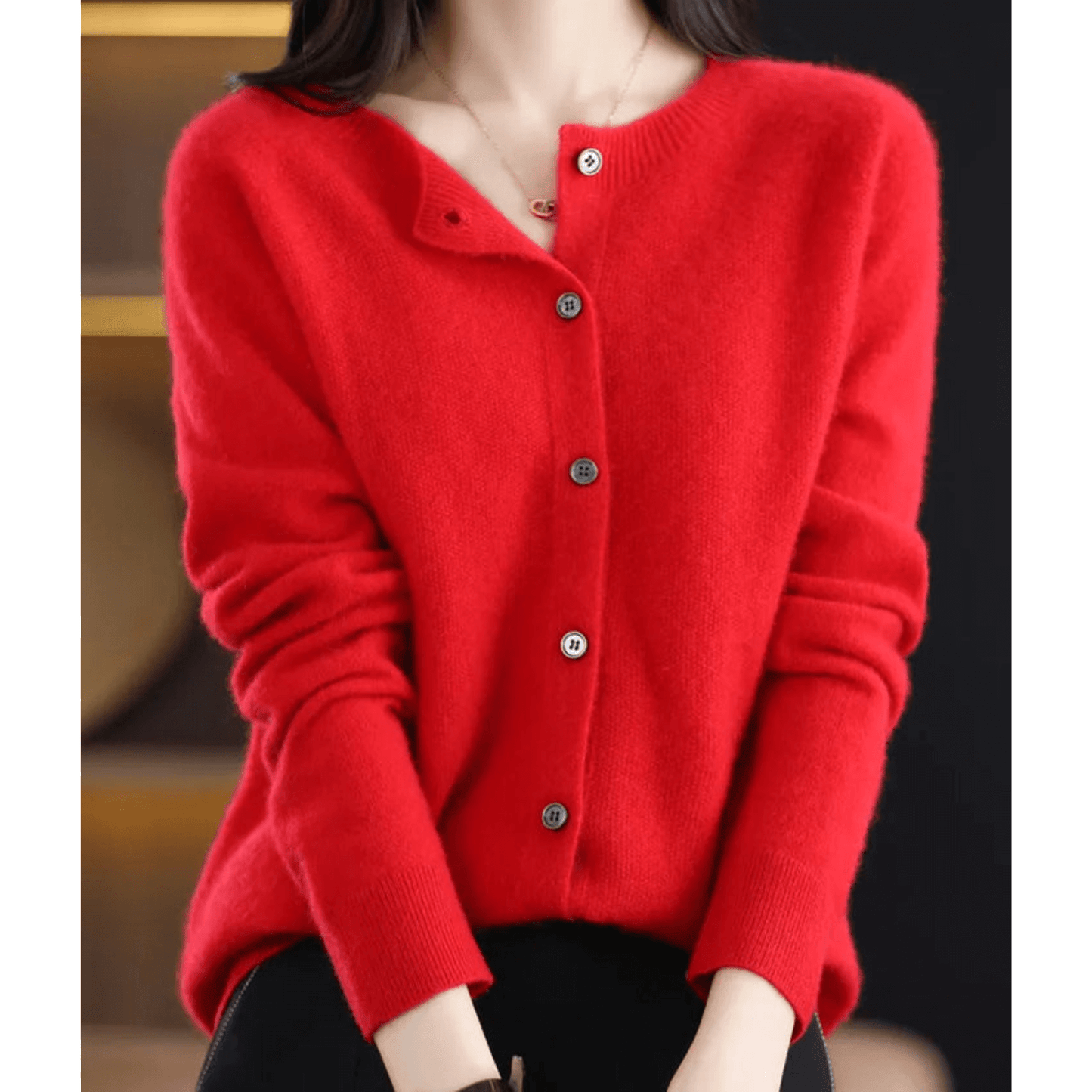 Street-Wave Womens Fine Knit Cardigan Crew Neck Soft CashmereFeel Merino Wool Blend Cozy Warm Essential
