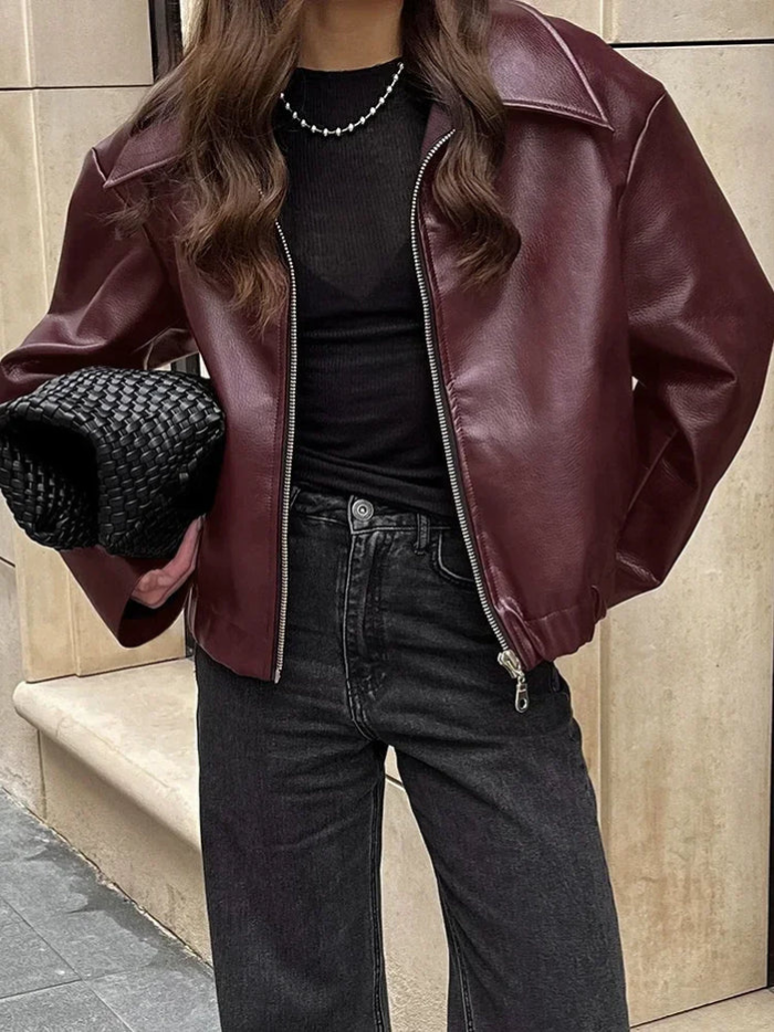 Street Wave Burgundy Vintage Leather Jacket For Women Timeless Chic Versatile For Casual To Formal Wear