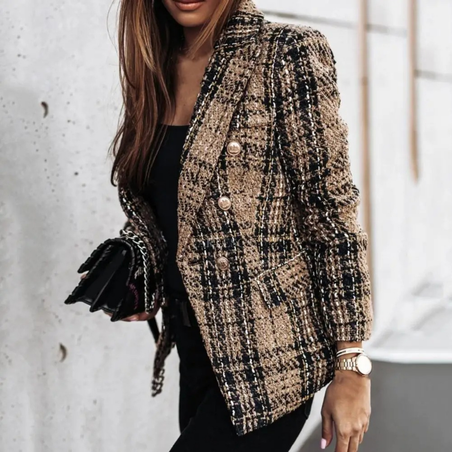 Street-Wave Women's Tweed Blazer Elegant Winter Jacket With Gold Button Detailing Premium Wool Blend