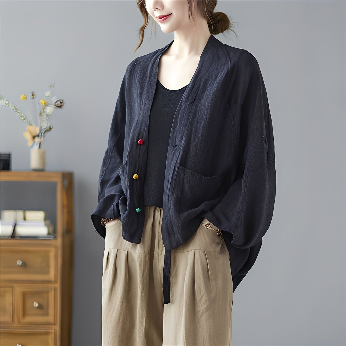 Street-Wave Batwing Cardigan With Pockets For Women Mustard Lightweight Everyday Style