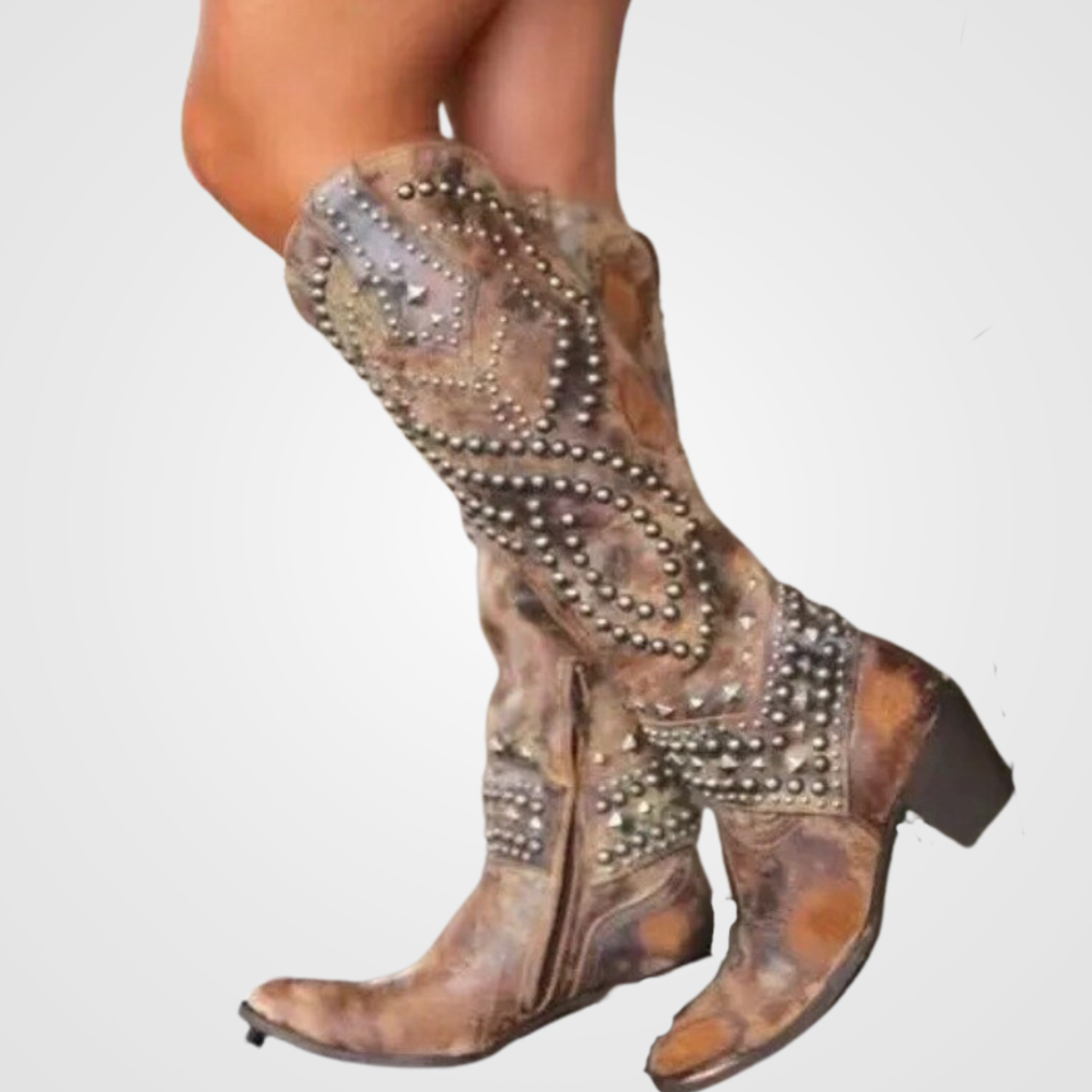 Street Wave Studded Knee High Boots for Women Stylish Slip On Western Style With Block Heel