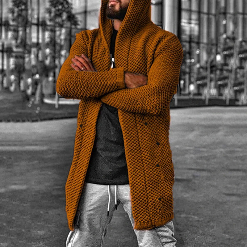 Street-wave Hooded Knitted Cardigan For Men Cozy Modern Everyday Layer With Structured Texture