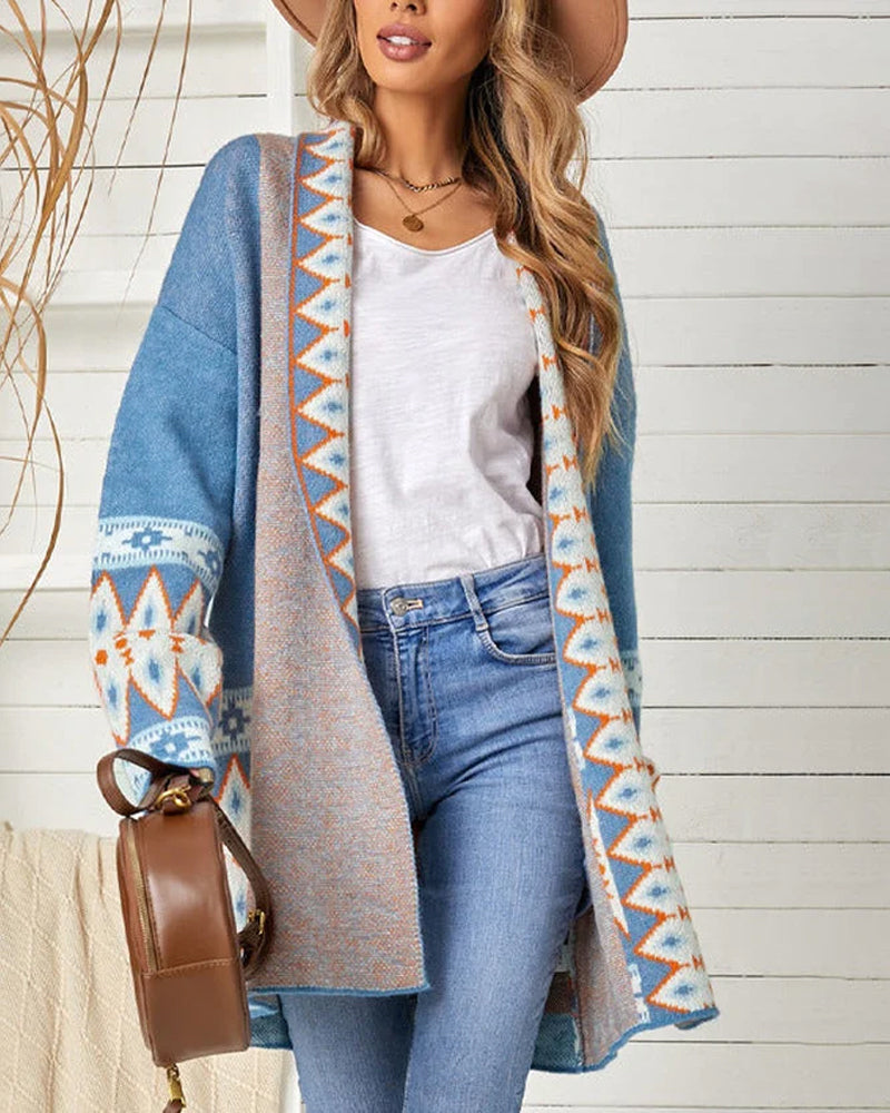 Street-Wave Oversized Patchwork Print Cardigan Coat For Women With Soft Cotton Blend Warmth