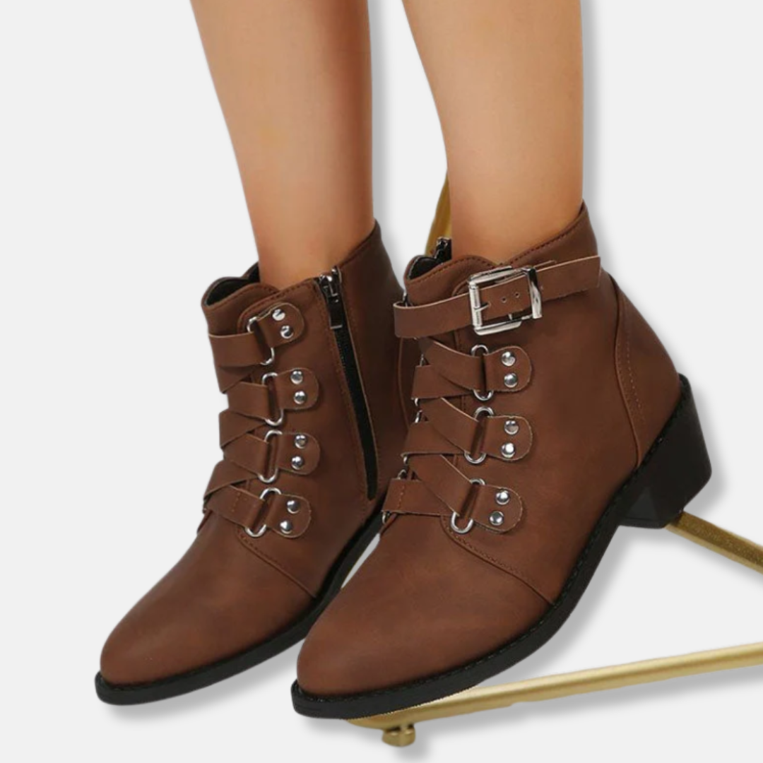 Street-wave Faux Leather Ankle Boots With Side Zip Buckle Straps Block Heel For Women
