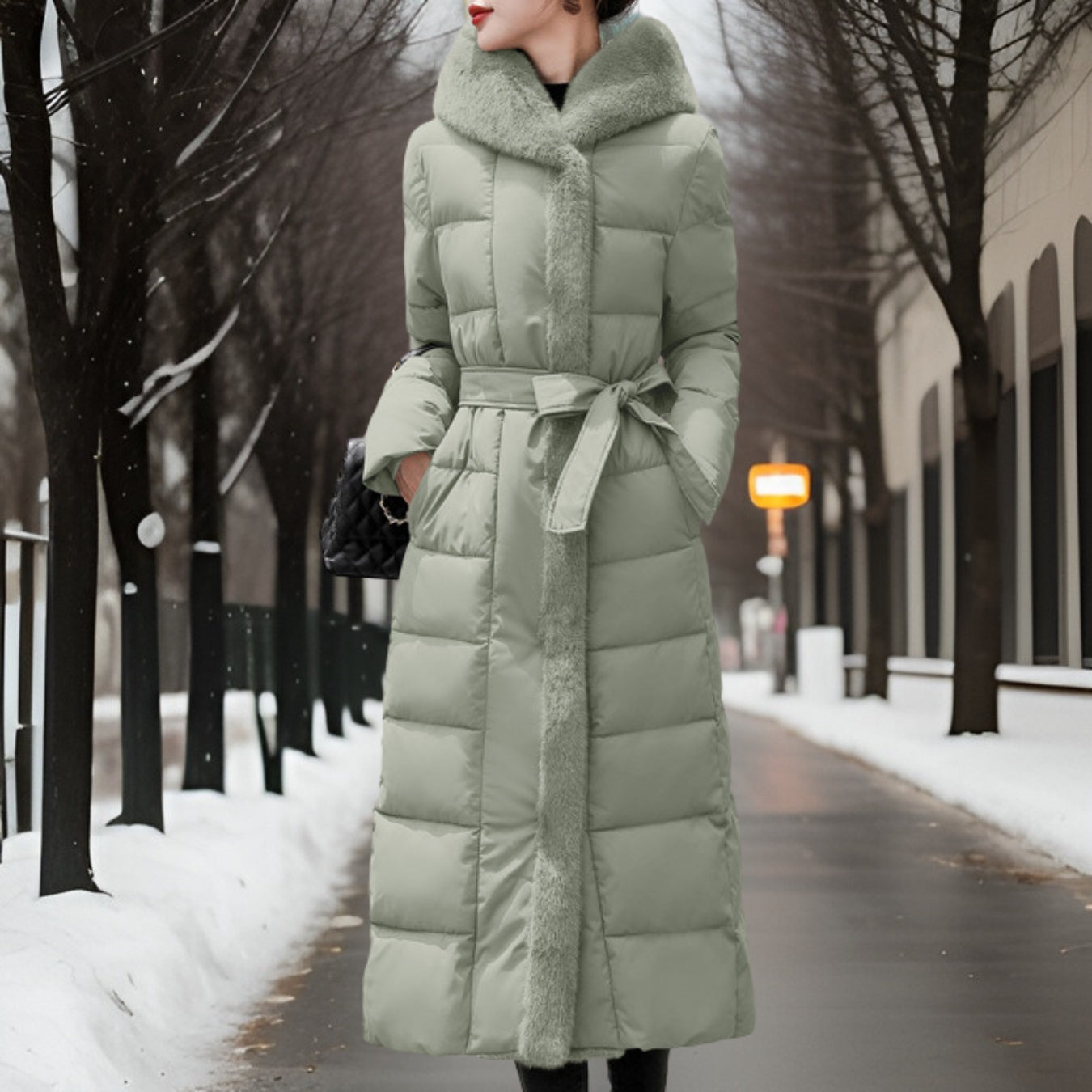 Street-Wave Women's Long Puffer Coat Belted Patchwork Quilted With Faux Fur Collar Warm Winter Jacket