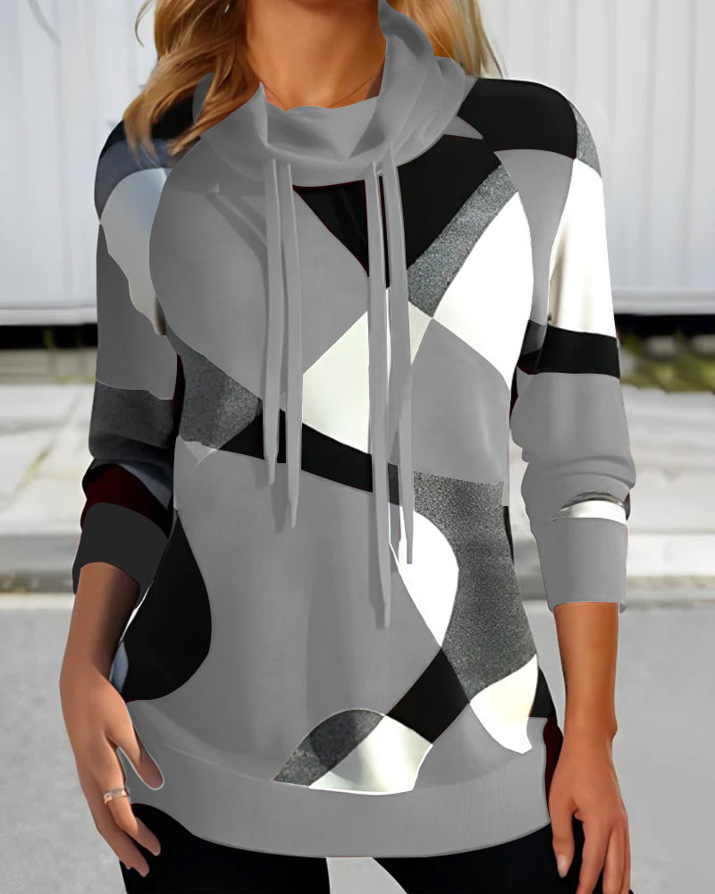 Street Wave Color Block Hoodie For Women Cozy Everyday Casual Wear With Modern Geometric Print