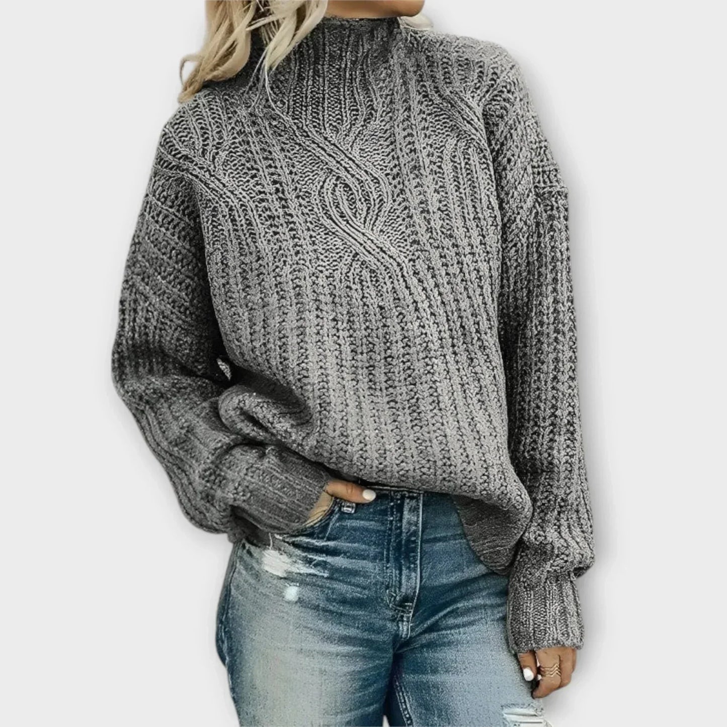 Women's High-Neck Sweater with Ribbed Texture and Long Sleeves