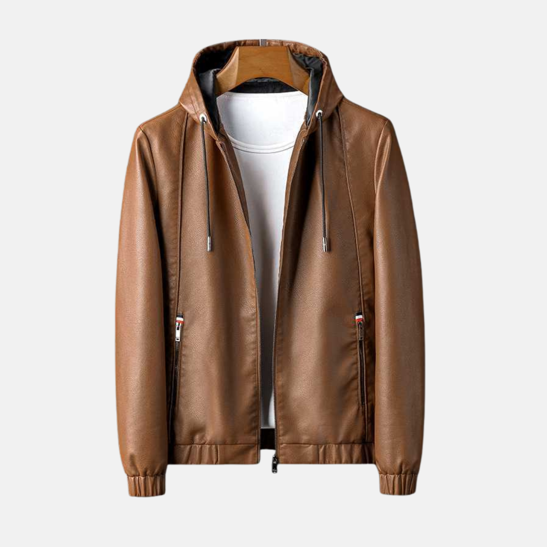 Mens Faux Leather Hooded Jacket With Zip Closure Relaxed Fit Casual Outerwear For Men Street-Wave
