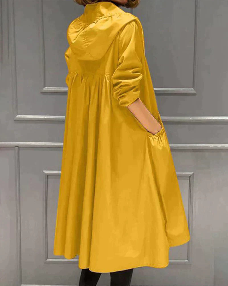 Street-wave Long Hooded Raincoat For Women Waterproof Protection And Elegant Silhouette