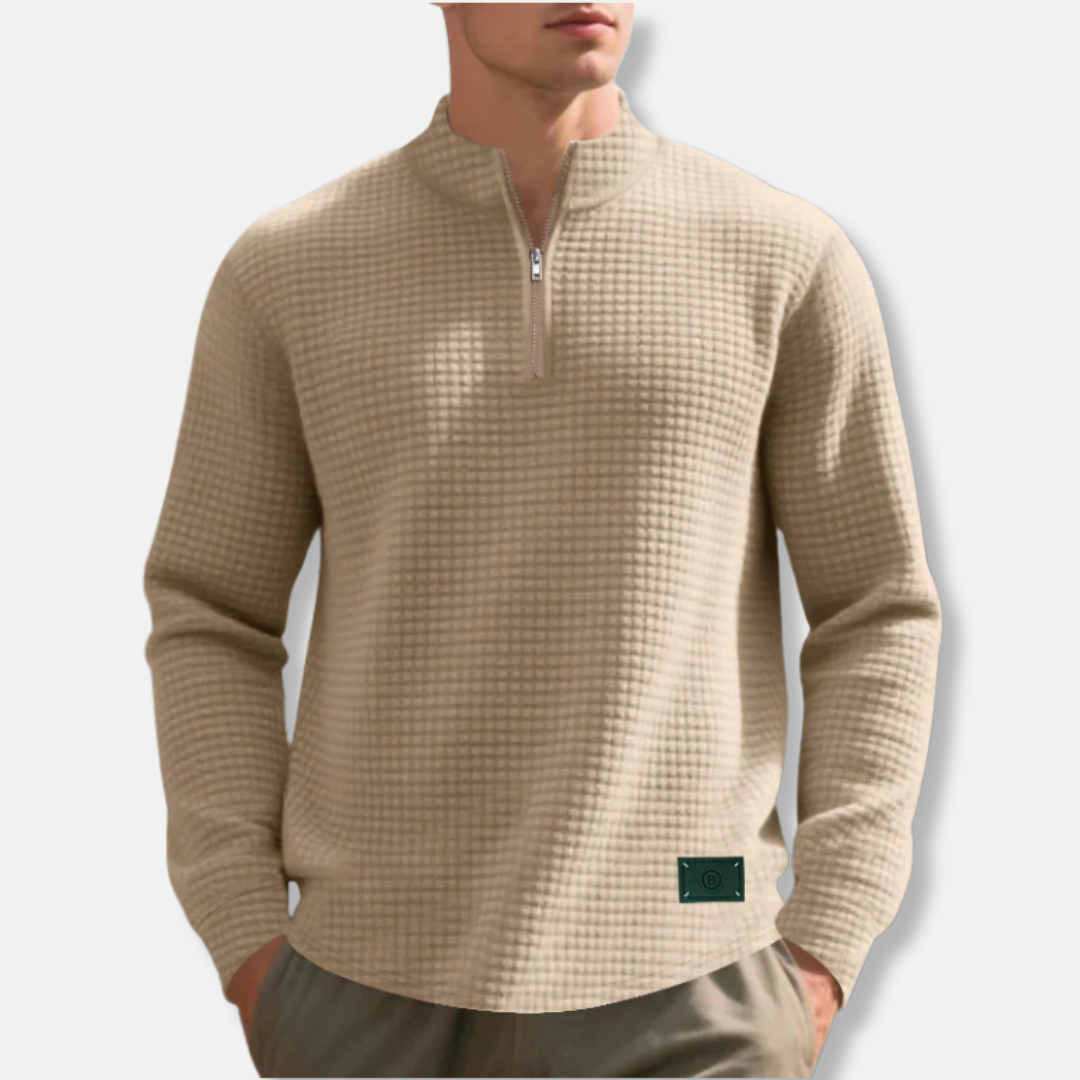 Men's Waffle Knit Regular Fit Mock Neck Quarter Zip Sweater For Cold Weather By Street-Wave