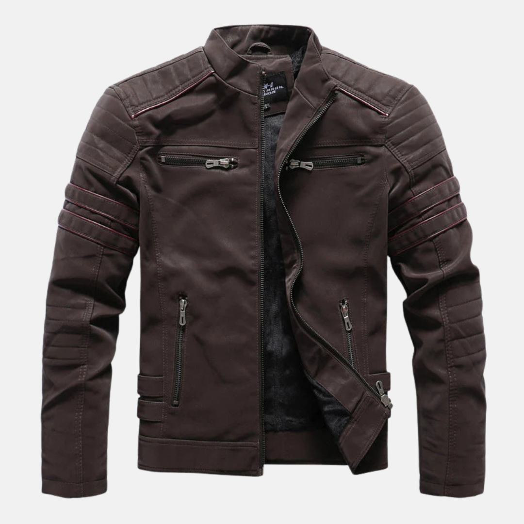 Men Premium Faux Leather Jacket Slim Fit Stand Collar With Ribbed Panels Hip Length