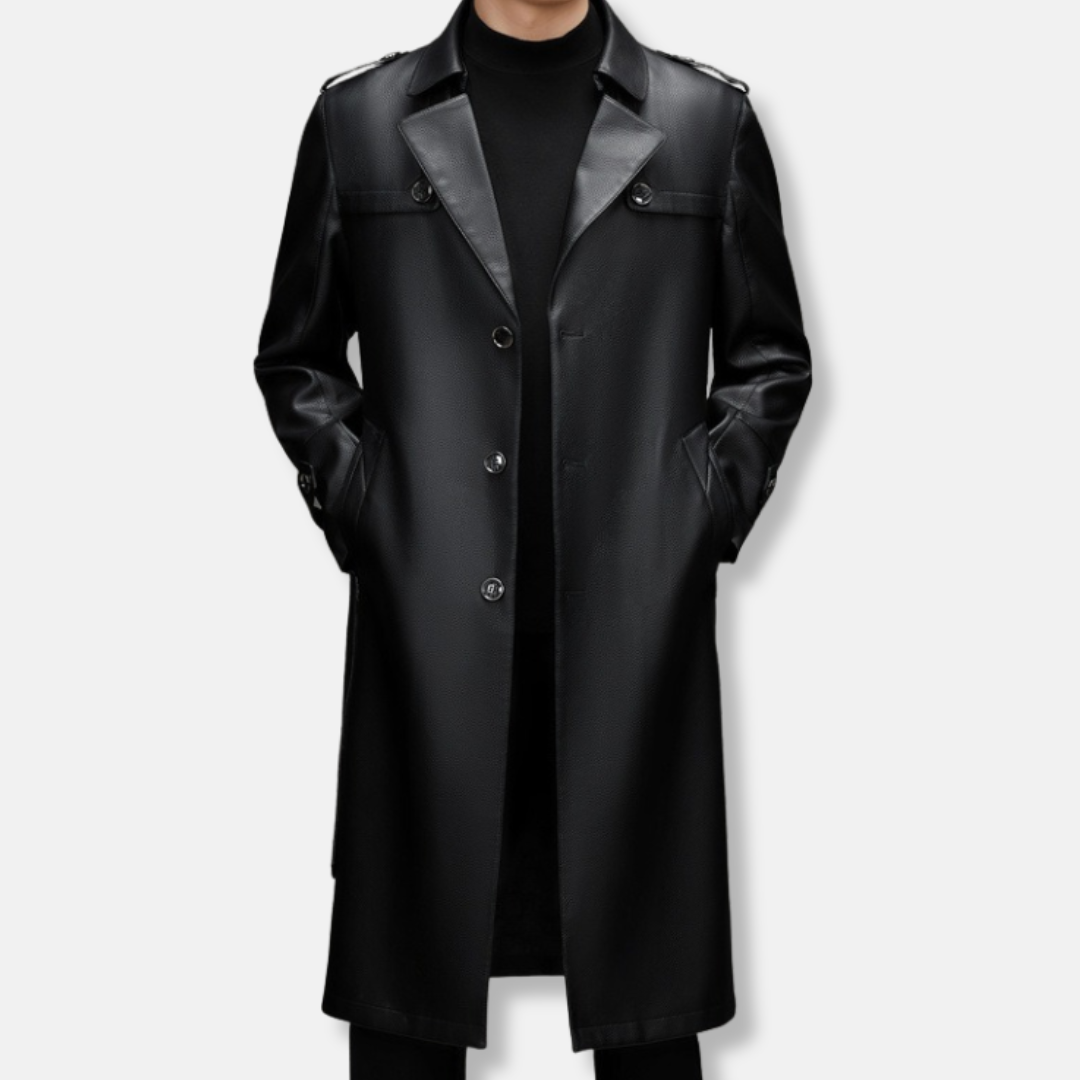 Street Wave Mens Leather Trench Coat Slim Fit Epaulet