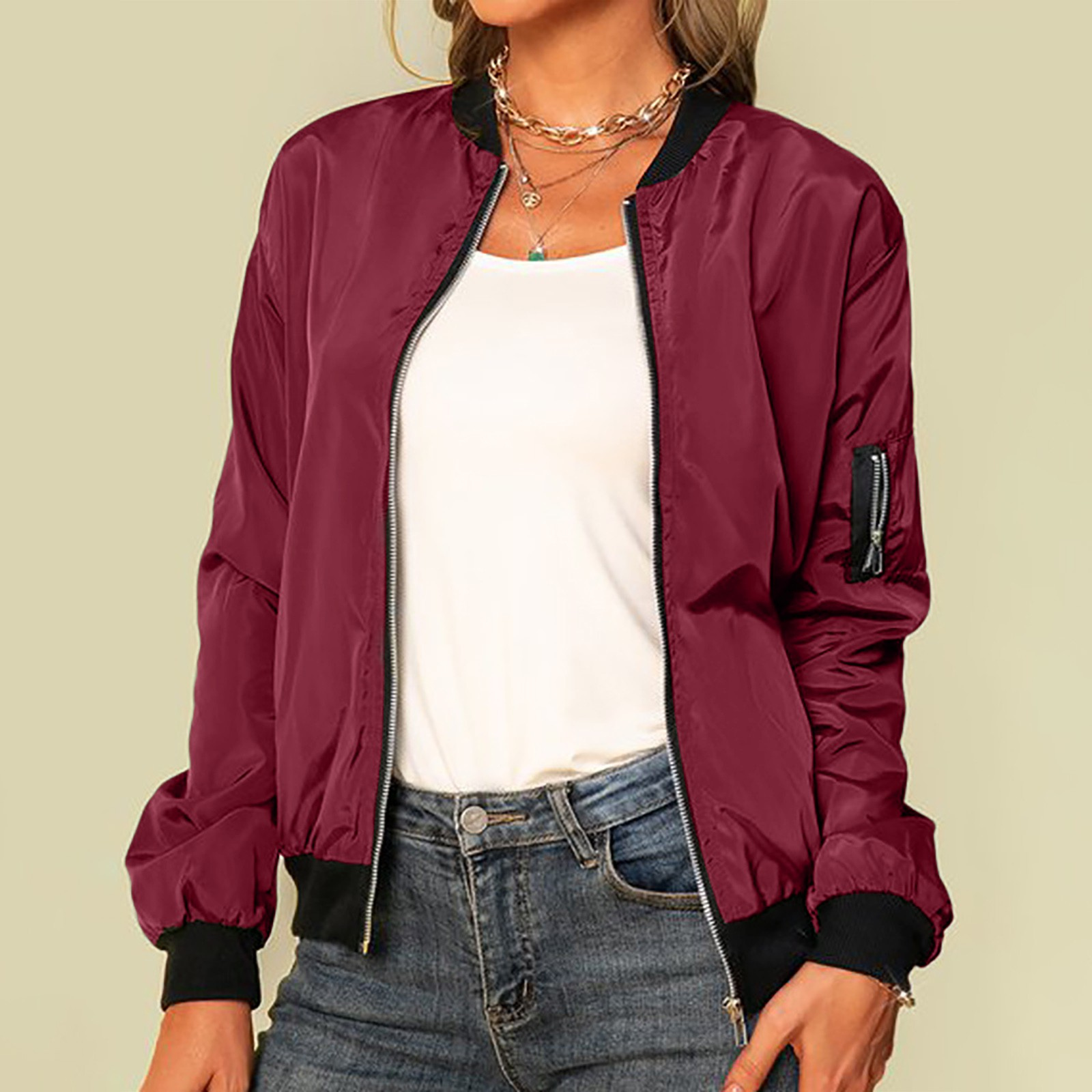Avelena Zippered Bomber Jacket For Women By Street-wave Breathable Lightweight Polyester Everyday Essential