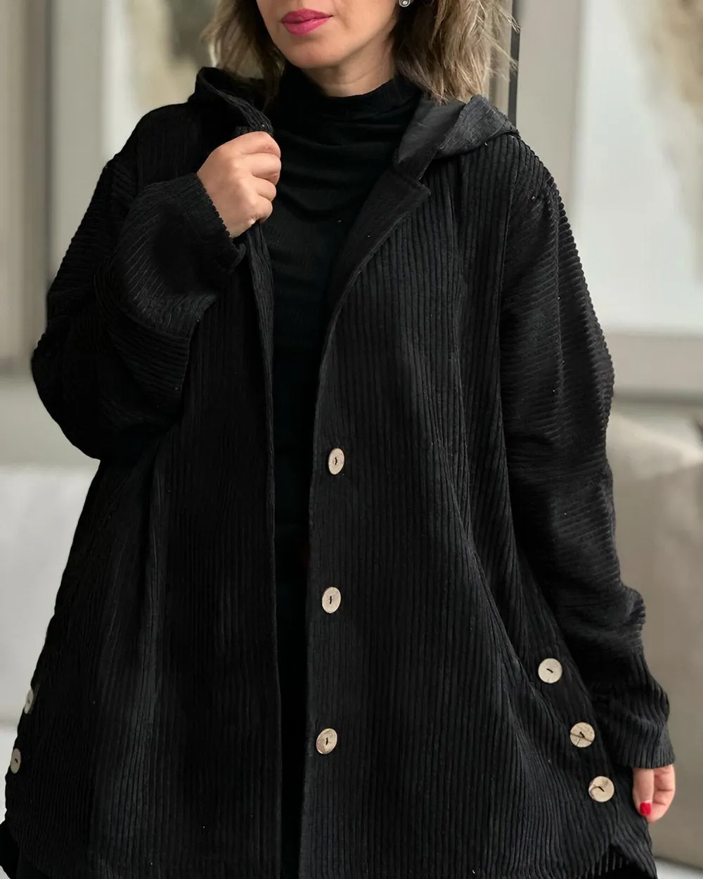 Street-wave Oversized Hoodie for Women With Corduroy Texture And Button Closure All Day Comfort