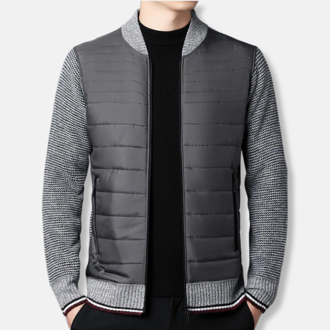 Men's Padded Jacket With Ribbed Stand Collar Hip Length Bomber Style For Smart Casual Wardrobe
