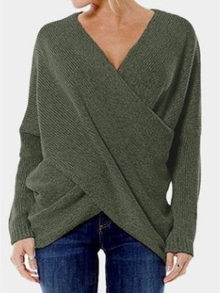 Street-Wave V Neck Knit Pullover for Women Cozy Wrap Front Design Chic Sexy Sweater