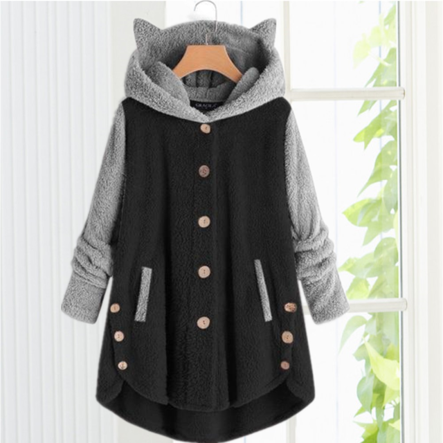 Street-wave Cat Ear Hooded Knit Cardigan For Girls Cozy Patchwork Fleece Warm Winter Wear