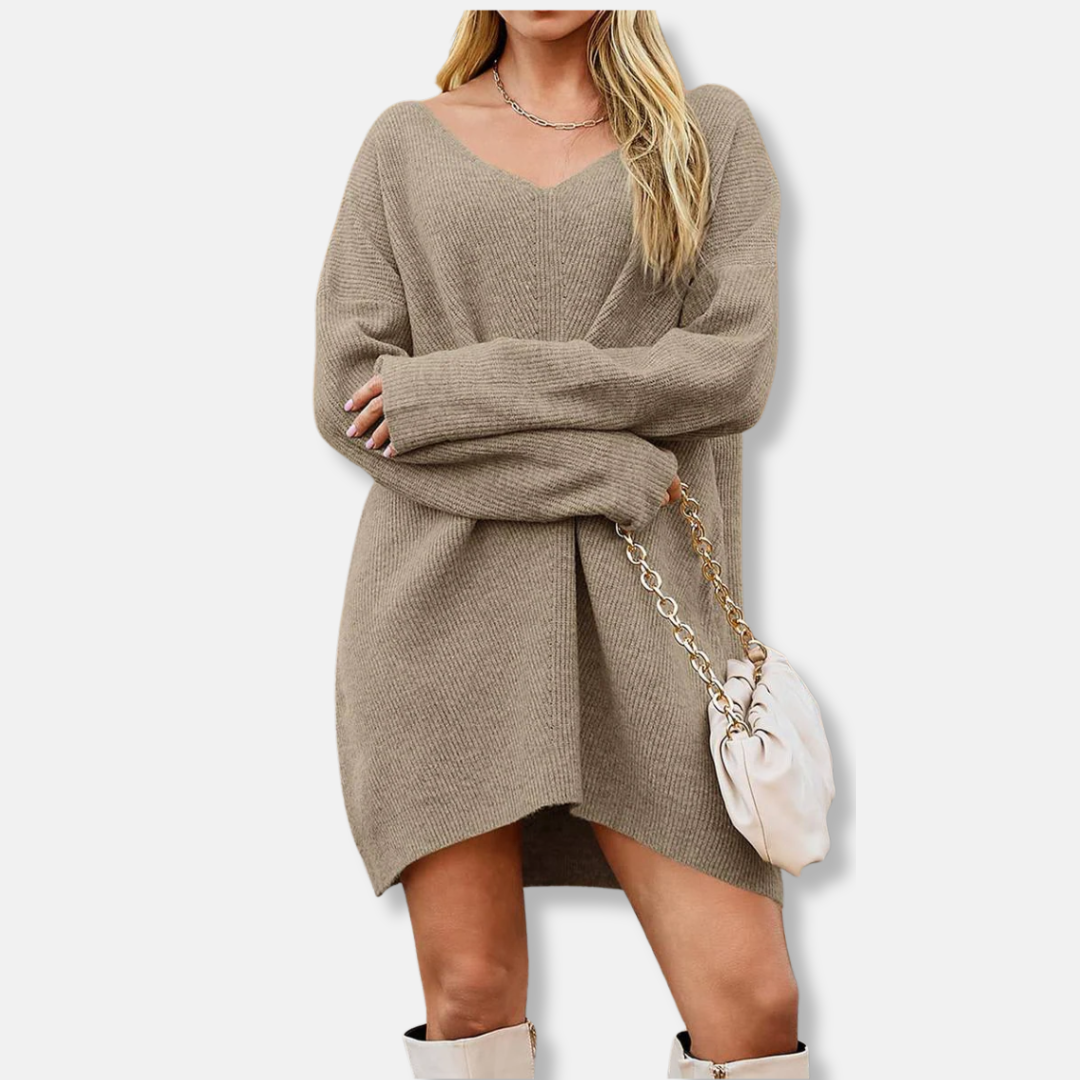 Street Wave Women Ribbed Knit V Neck Mini Dress Cozy Fall Essential