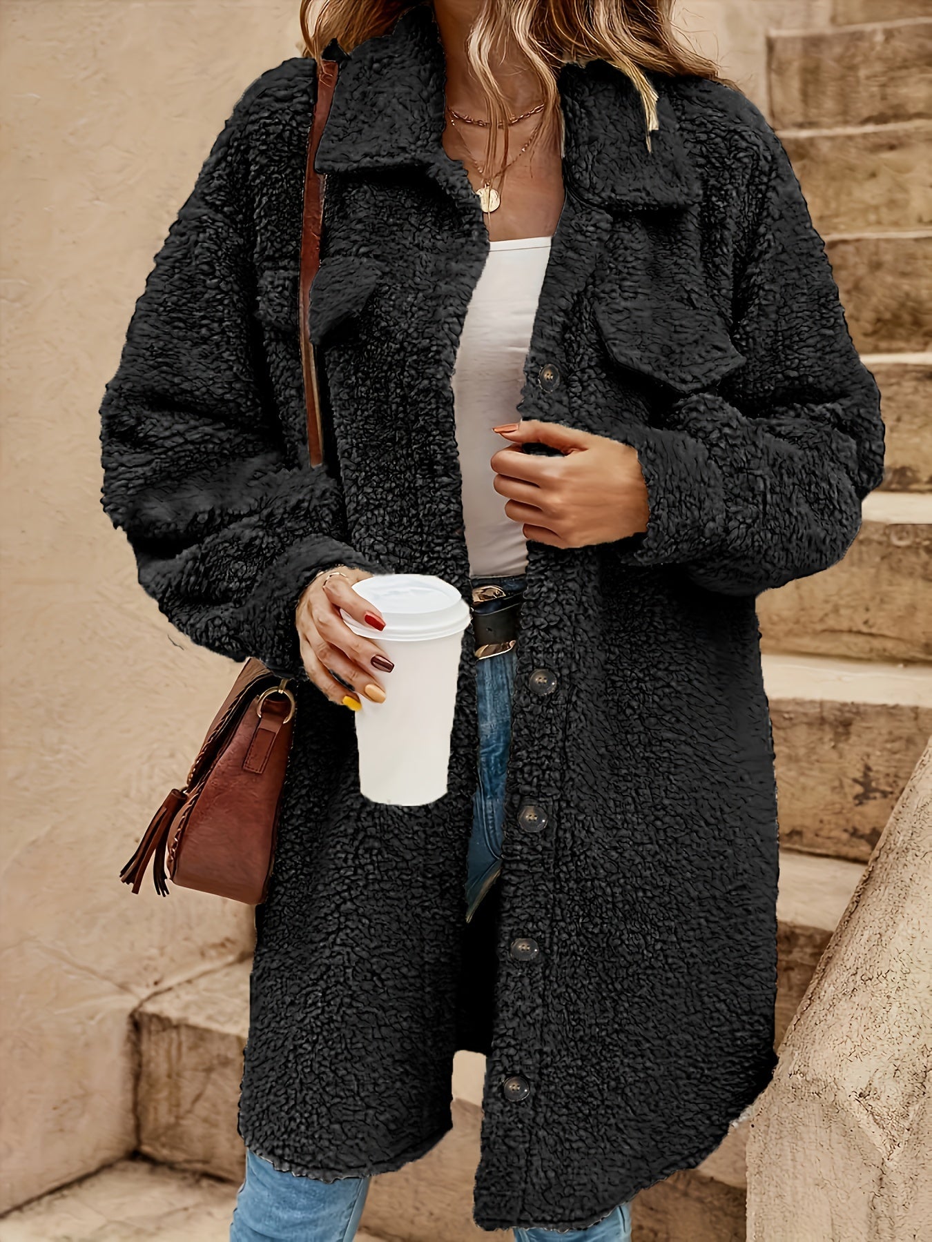 Street-wave Sherpa Coat For Women Long Cozy Faux Shearling Jacket Warm Polyester Outerwear