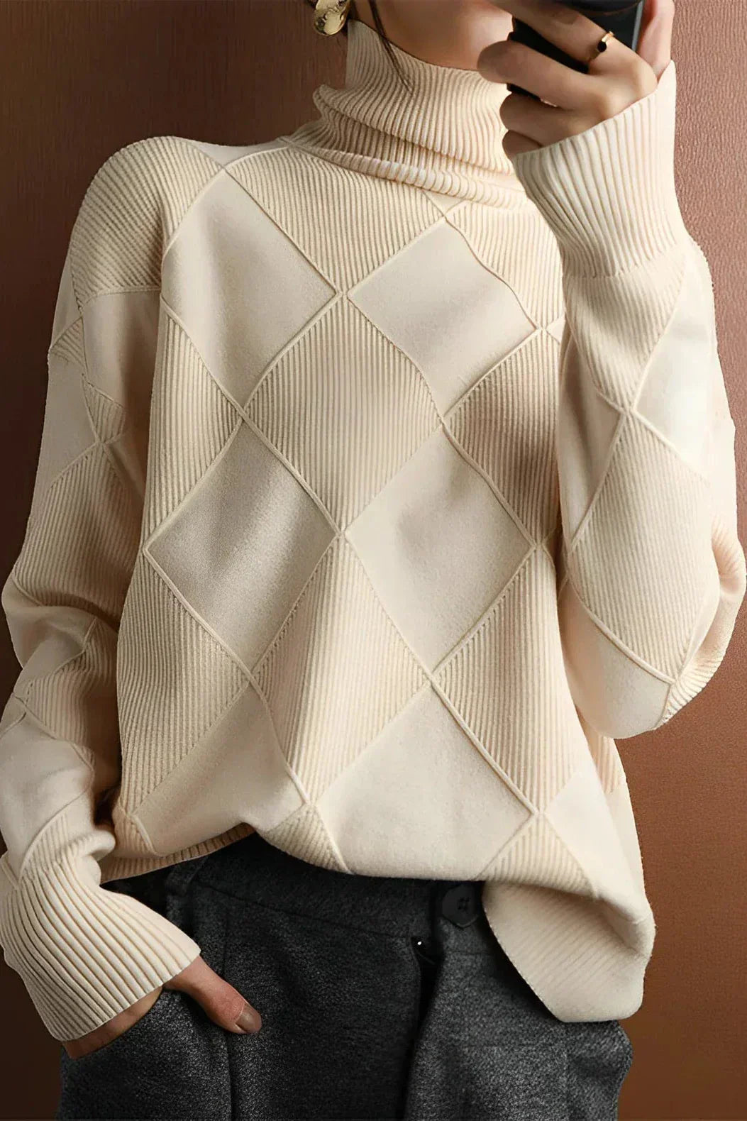 Streetwave Diamond Knit Rollneck Pullover For Women Cozy Warmth And Textured Pattern