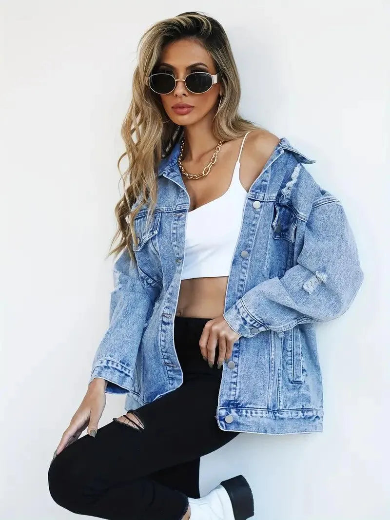 Street-wave Oversized Denim Jacket For Women Warm Cozy Fit Distressed Details Vintage Look