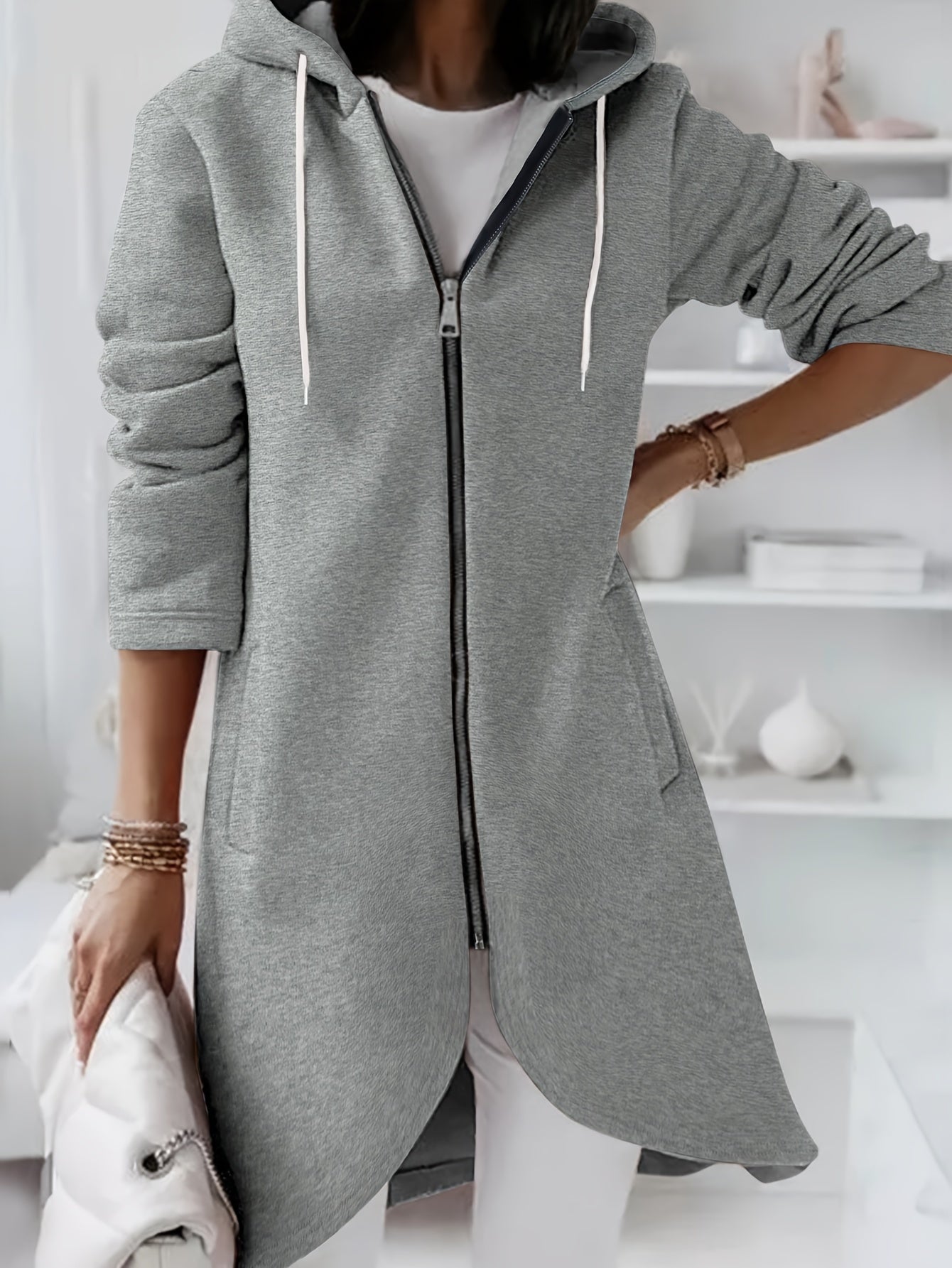 Street-wave Midi Hoodie Jacket With Zipper And Drawstring Breathable Everyday Outerwear For Women