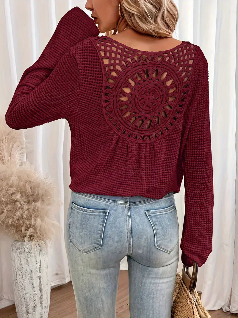 Street-Wave Crochet Back Detail Knit Sweater For Women, Cozy Versatile Layering Piece