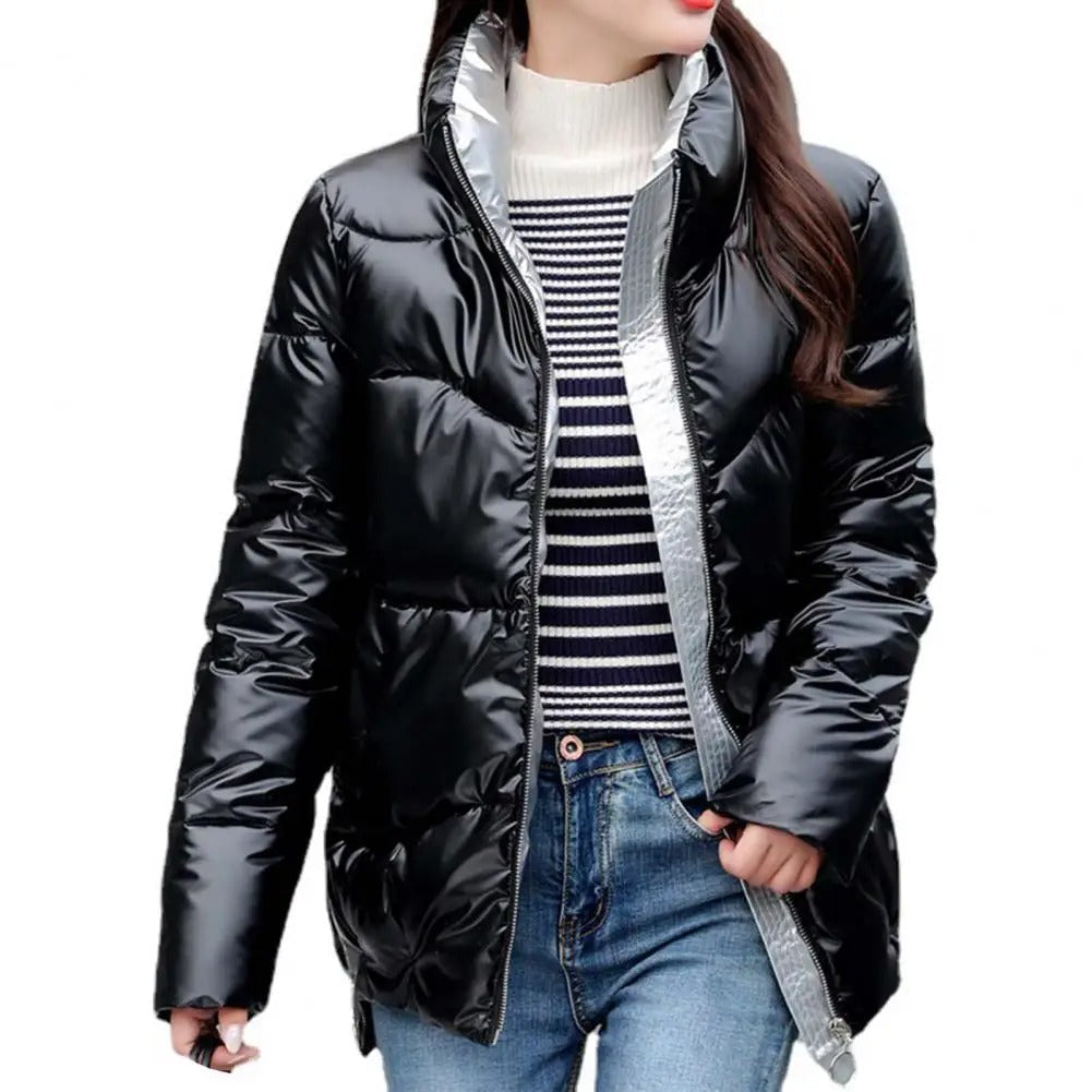 Street-Wave Women's Puffer Jacket Quilted Lightweight Warm With High Collar And Shiny Finish
