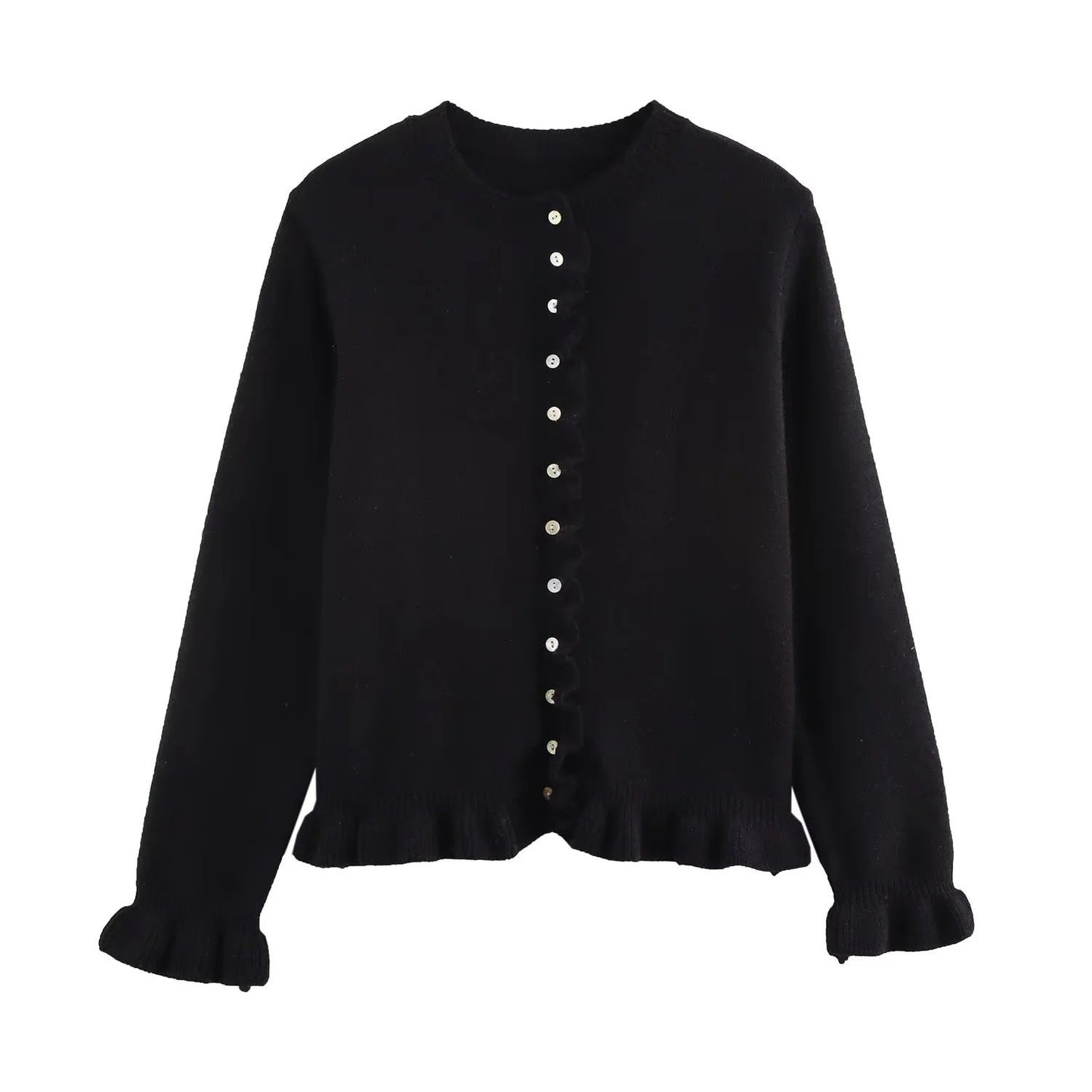 Streetwave Button Cardigan For Women Elegant Ruffle Trim Front Knit Layering Essential