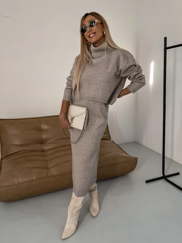 Street-Wave Womens Cozy Knit Set With Rollneck Sweater And Matching Skirt For Effortless Chic