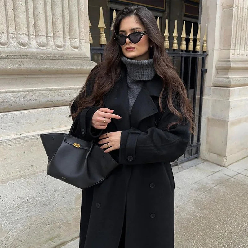 Street-wave Maxi Coat With Belt And Double-Breasted Lapel Collar For Women Elegant Timeless Winter Outerwear